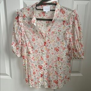 sundays Cream Floral Puff Sleeve Button-Front Blouse